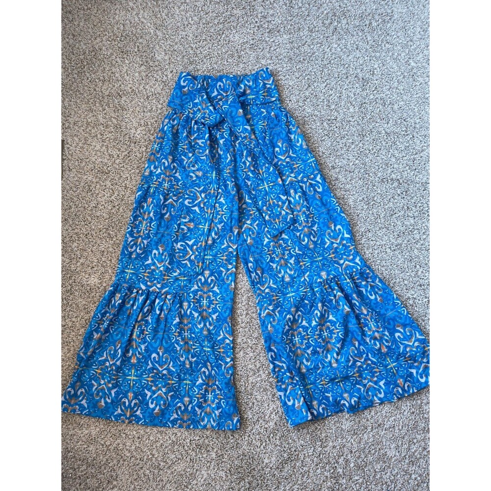 Women's S Blue Medallion Print Wide Leg Palazzo Pants High Rise Tie Waist Boho